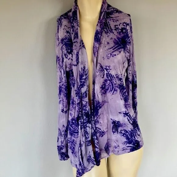 Chicos purple cream print size one long sleeve open front sweater - Picture 13 of 14